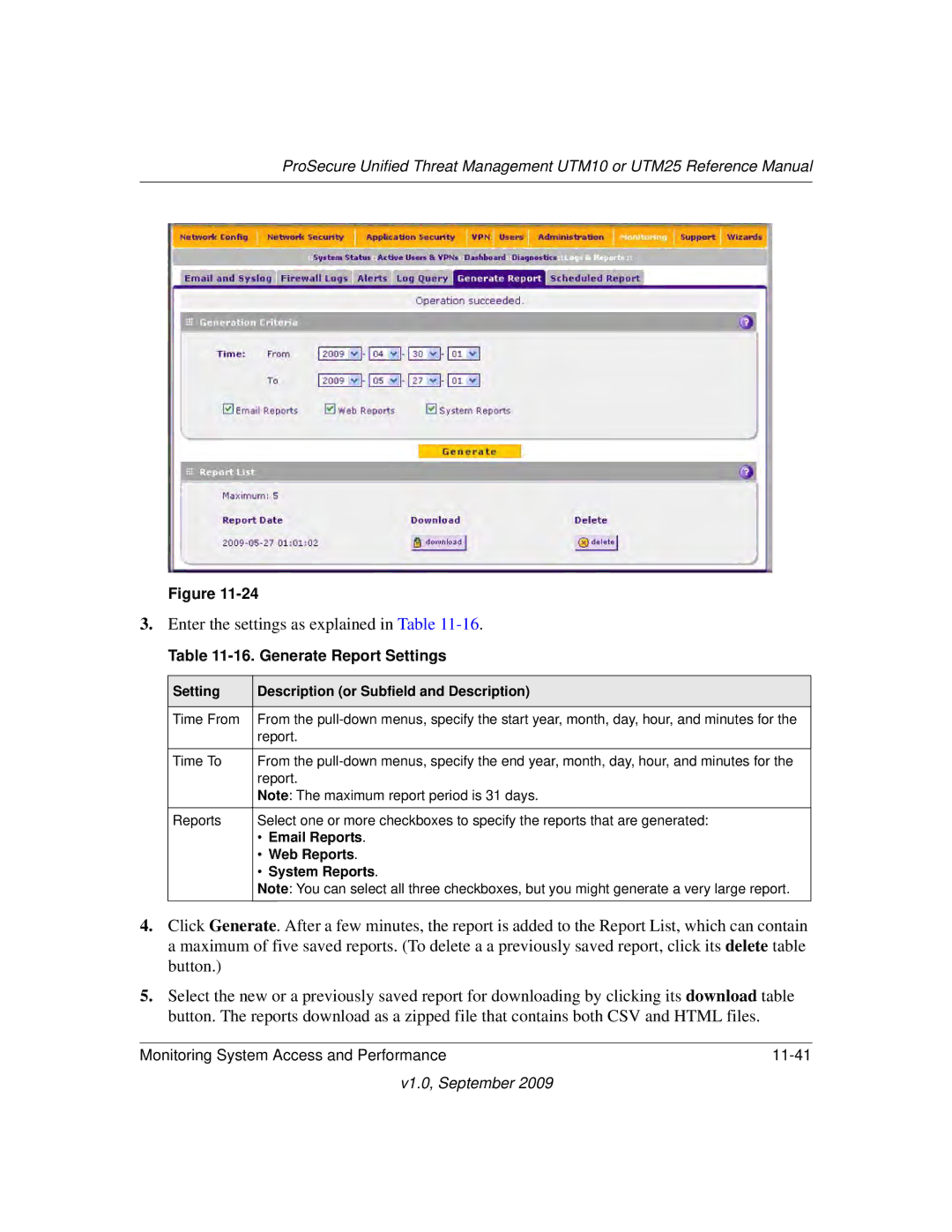 NETGEAR UTM25-100NAS, UTM10EW-100NAS, UTM25EW-100NAS Generate Report Settings, Email Reports, Web Reports, System Reports 
