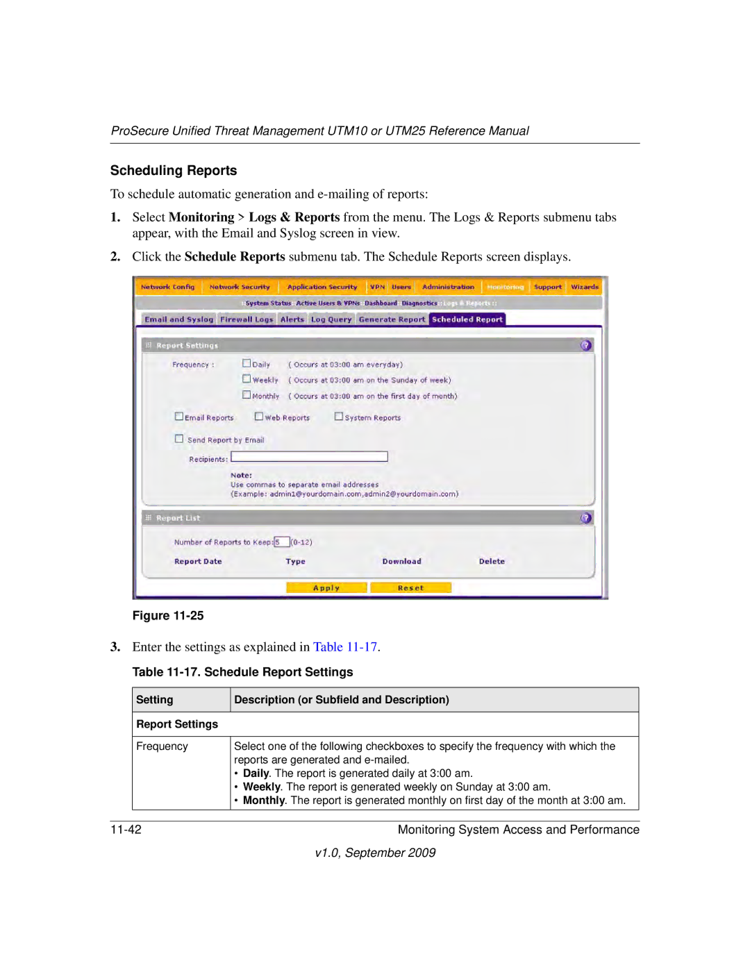 NETGEAR UTM10EW-100NAS, UTM25-100NAS, UTM25EW-100NAS manual Scheduling Reports, Schedule Report Settings 