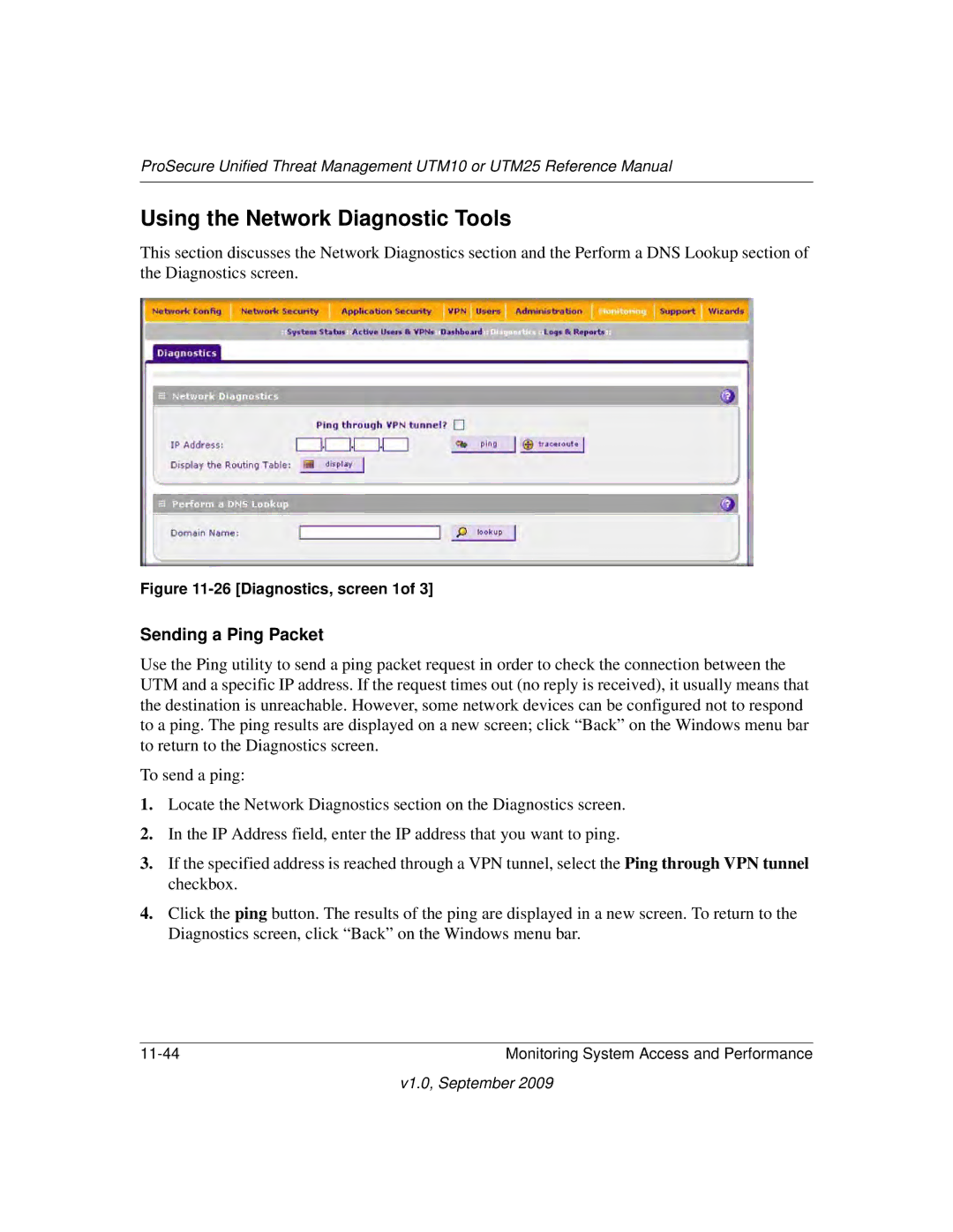 NETGEAR UTM25-100NAS, UTM10EW-100NAS, UTM25EW-100NAS manual Using the Network Diagnostic Tools, Sending a Ping Packet 