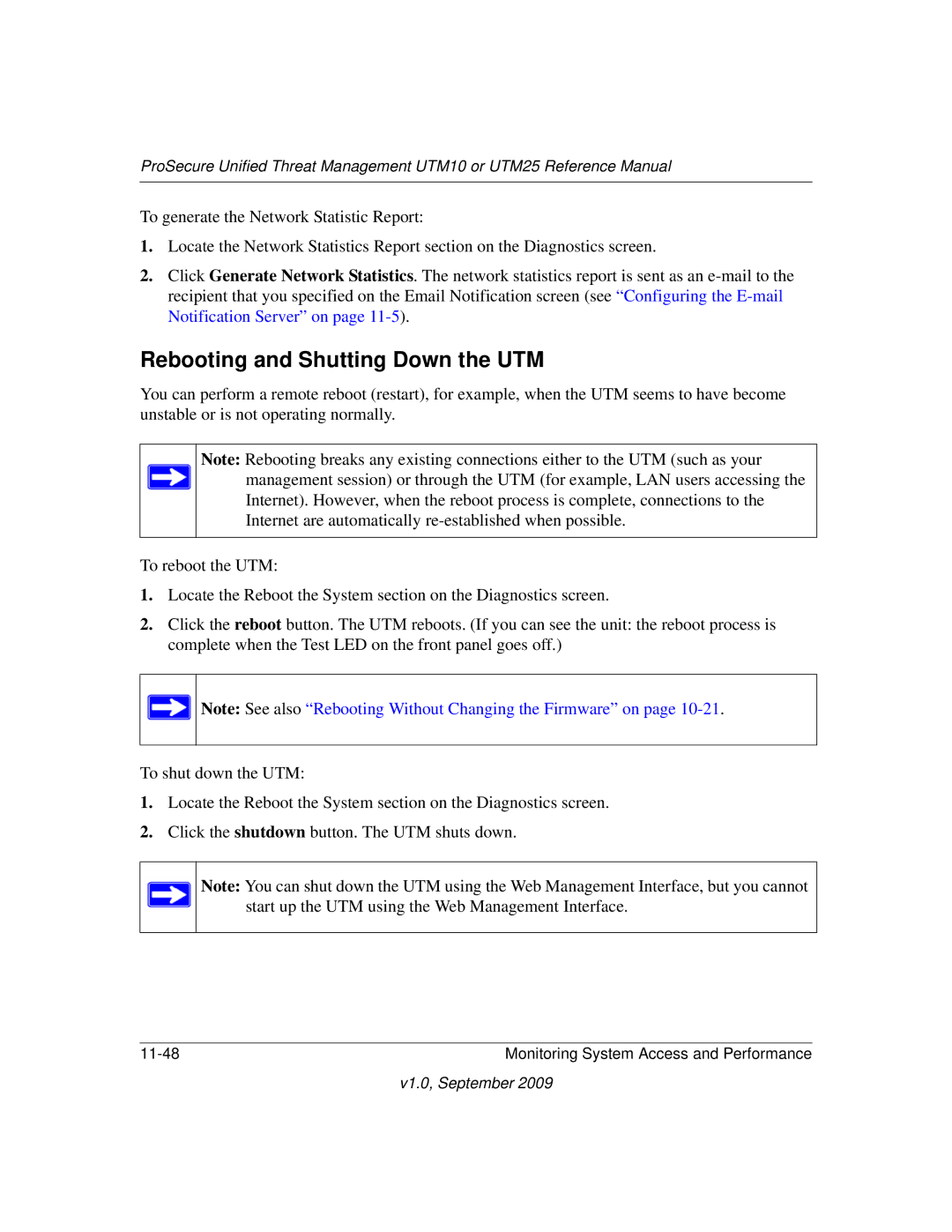 NETGEAR UTM10EW-100NAS, UTM25-100NAS, UTM25EW-100NAS manual Rebooting and Shutting Down the UTM 