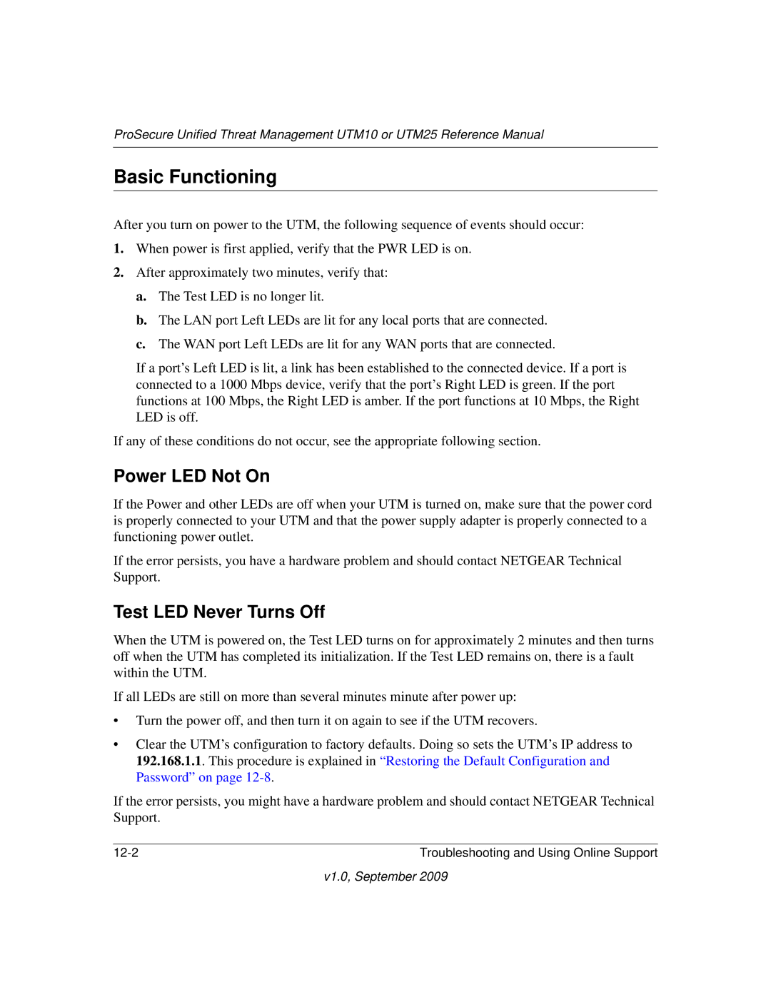 NETGEAR UTM25-100NAS, UTM10EW-100NAS, UTM25EW-100NAS manual Basic Functioning, Power LED Not On, Test LED Never Turns Off 