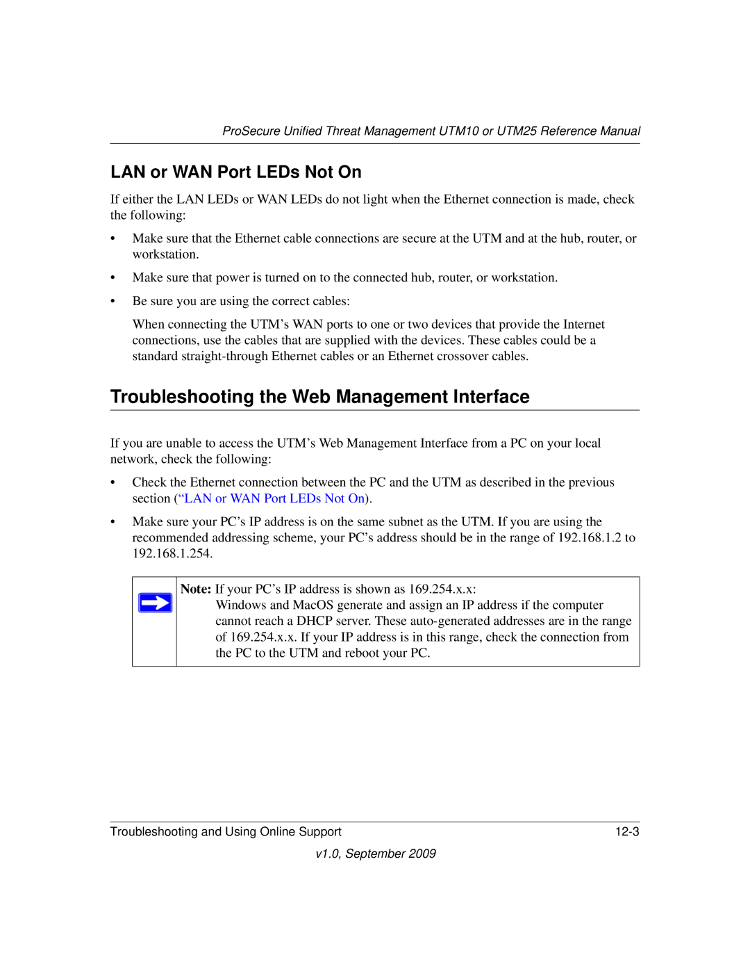 NETGEAR UTM10EW-100NAS, UTM25-100NAS manual Troubleshooting the Web Management Interface, LAN or WAN Port LEDs Not On 