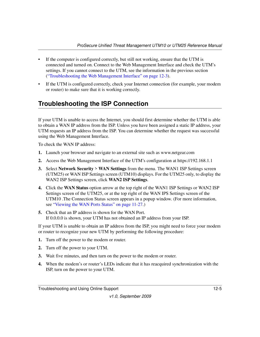 NETGEAR UTM25-100NAS, UTM10EW-100NAS, UTM25EW-100NAS manual Troubleshooting the ISP Connection 