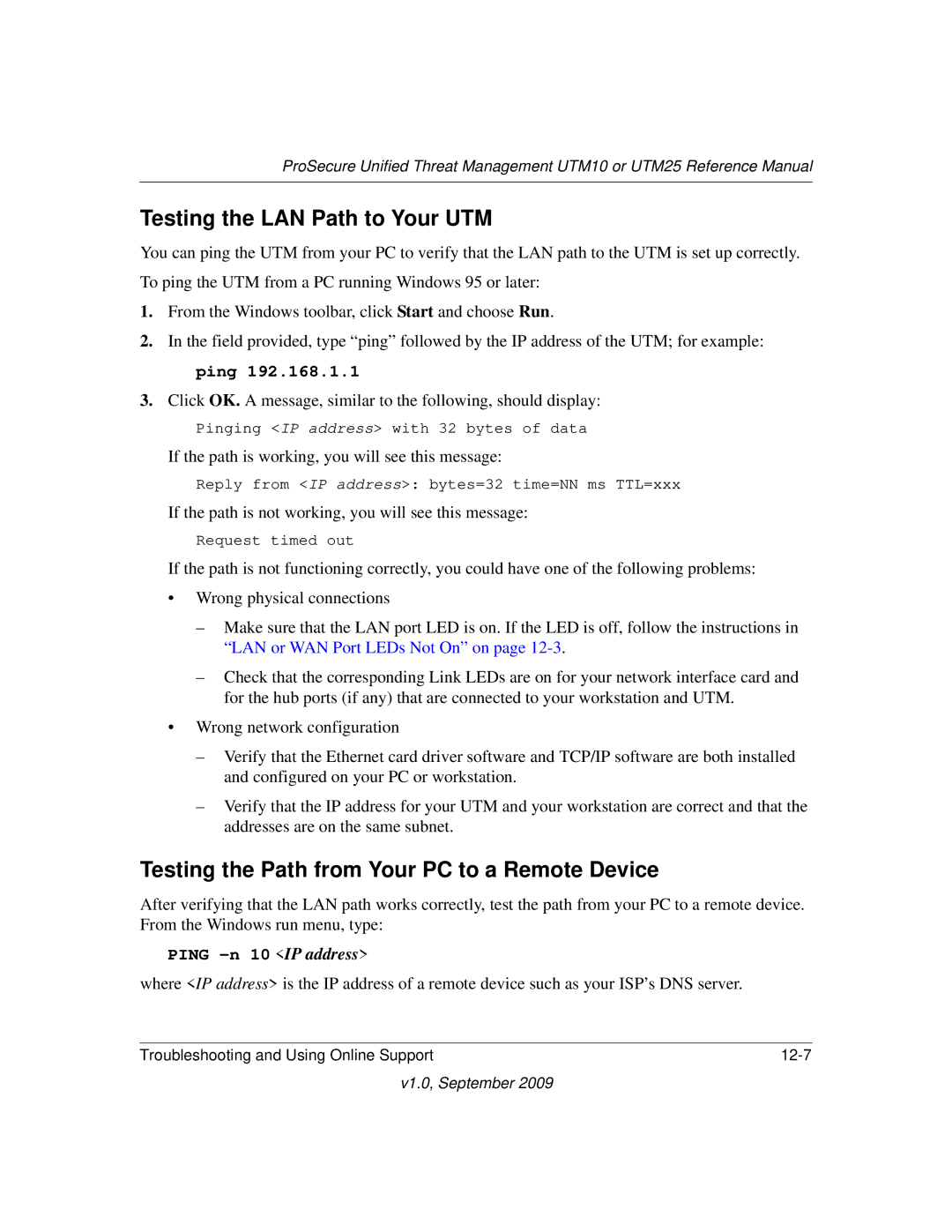 NETGEAR UTM25EW-100NAS, UTM25-100NAS Testing the LAN Path to Your UTM, Testing the Path from Your PC to a Remote Device 