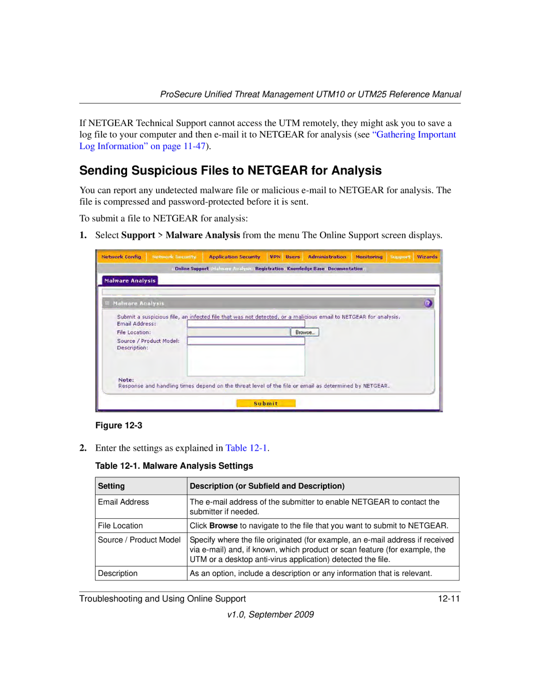 NETGEAR UTM25-100NAS, UTM10EW-100NAS manual Sending Suspicious Files to Netgear for Analysis, Malware Analysis Settings 