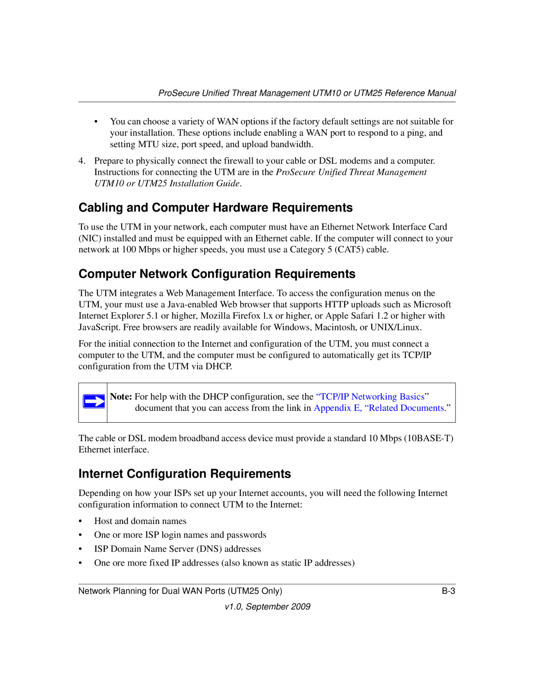 NETGEAR UTM25EW-100NAS manual Cabling and Computer Hardware Requirements, Computer Network Configuration Requirements 