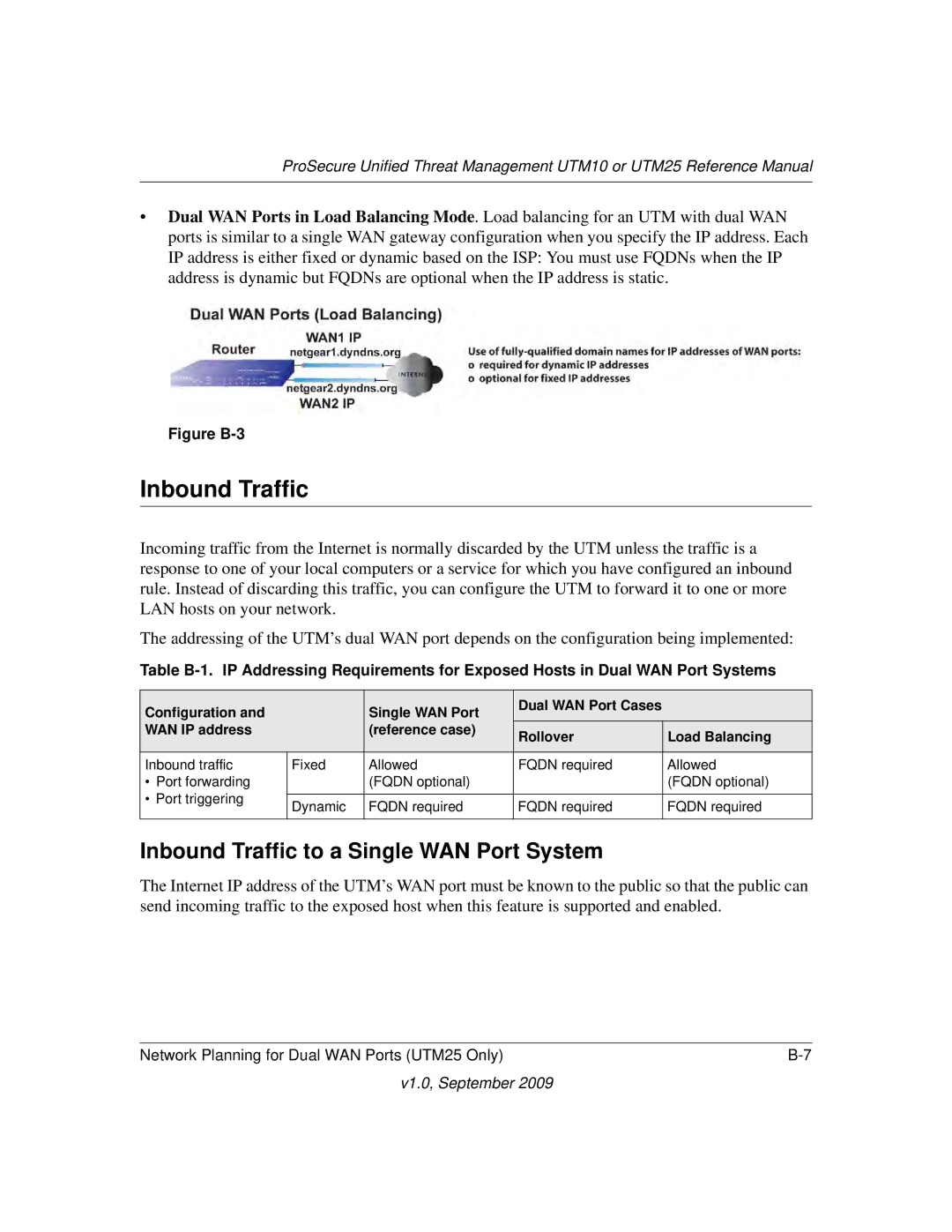 NETGEAR UTM25-100NAS, UTM10EW-100NAS, UTM25EW-100NAS manual Inbound Traffic to a Single WAN Port System 