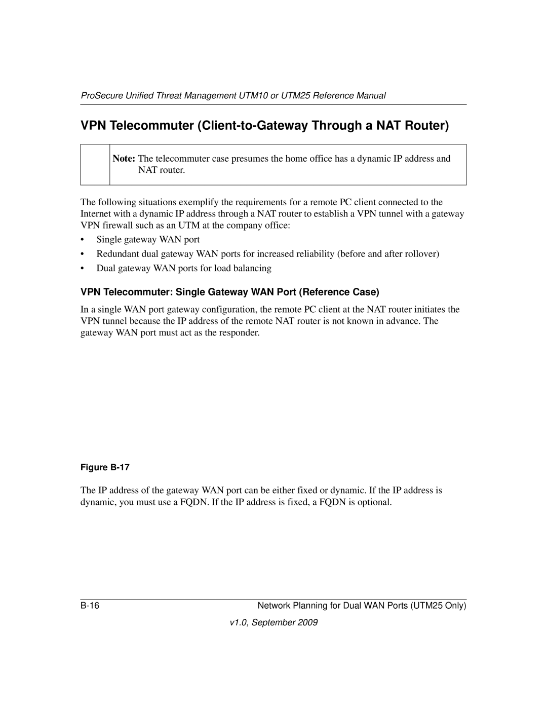 NETGEAR UTM25-100NAS, UTM10EW-100NAS, UTM25EW-100NAS manual VPN Telecommuter Client-to-Gateway Through a NAT Router 