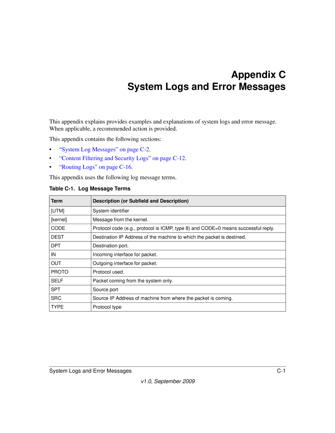 NETGEAR UTM25-100NAS, UTM10EW-100NAS manual Table C-1. Log Message Terms, Term Description or Subfield and Description 