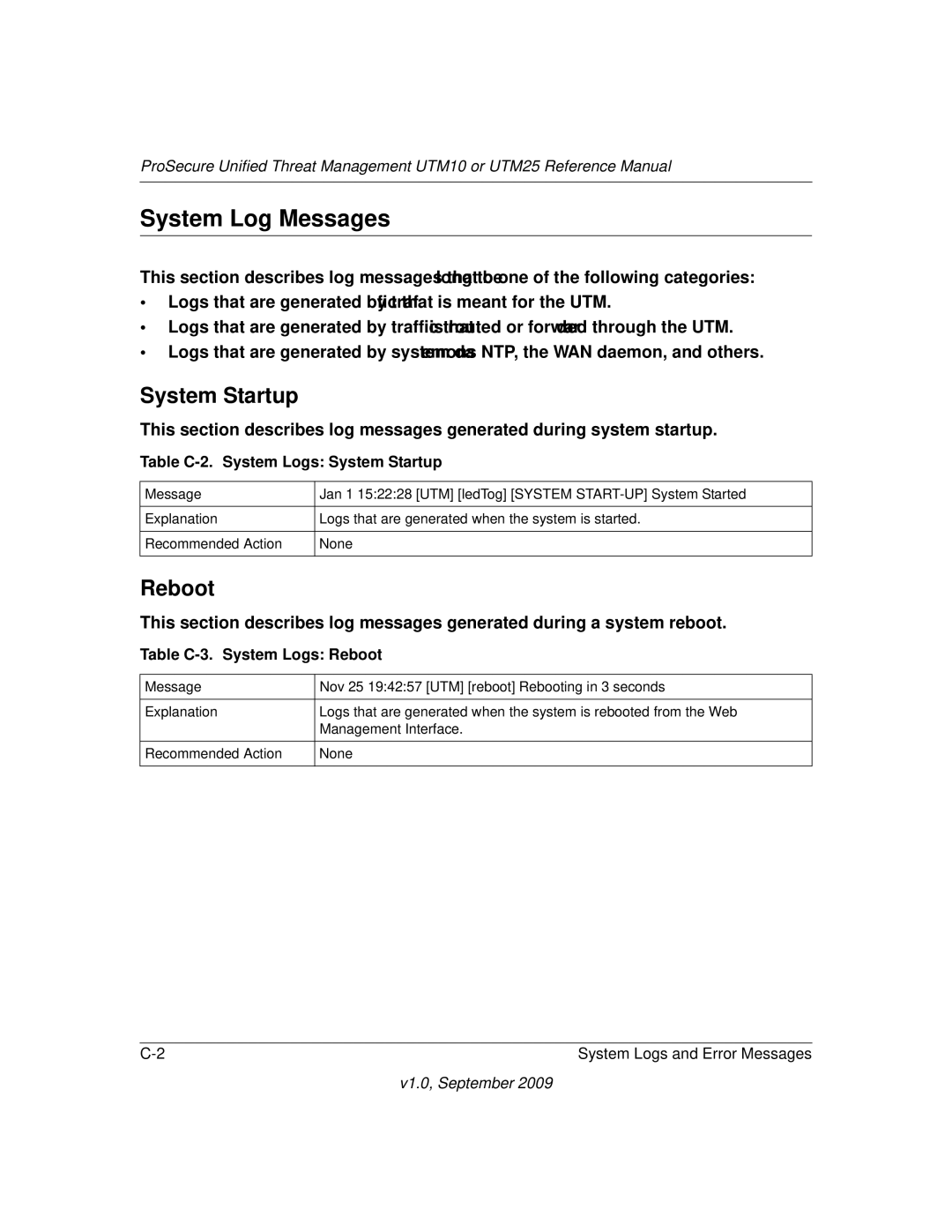 NETGEAR UTM10EW-100NAS, UTM25-100NAS, UTM25EW-100NAS System Log Messages, Reboot, Table C-2. System Logs System Startup 