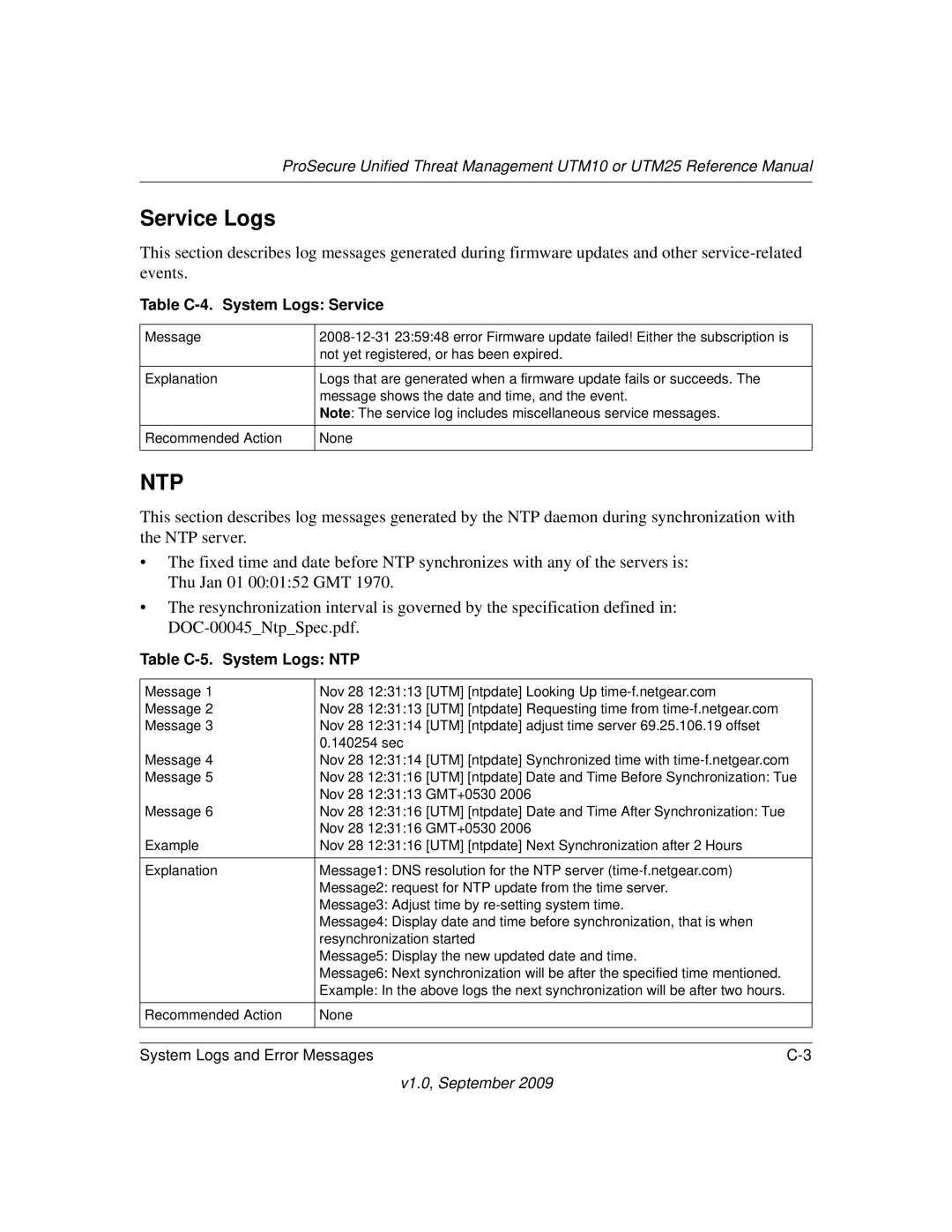 NETGEAR UTM25EW-100NAS, UTM25-100NAS manual Service Logs, Table C-4. System Logs Service, Table C-5. System Logs NTP 