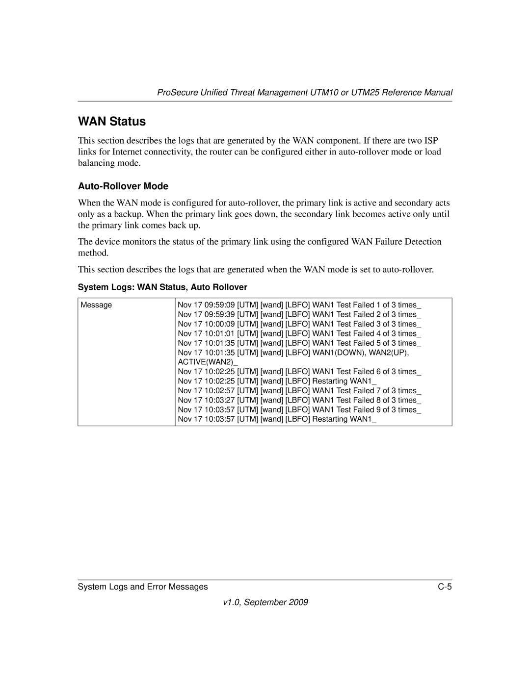 NETGEAR UTM10EW-100NAS, UTM25-100NAS manual Auto-Rollover Mode, System Logs WAN Status, Auto Rollover, ACTIVEWAN2 