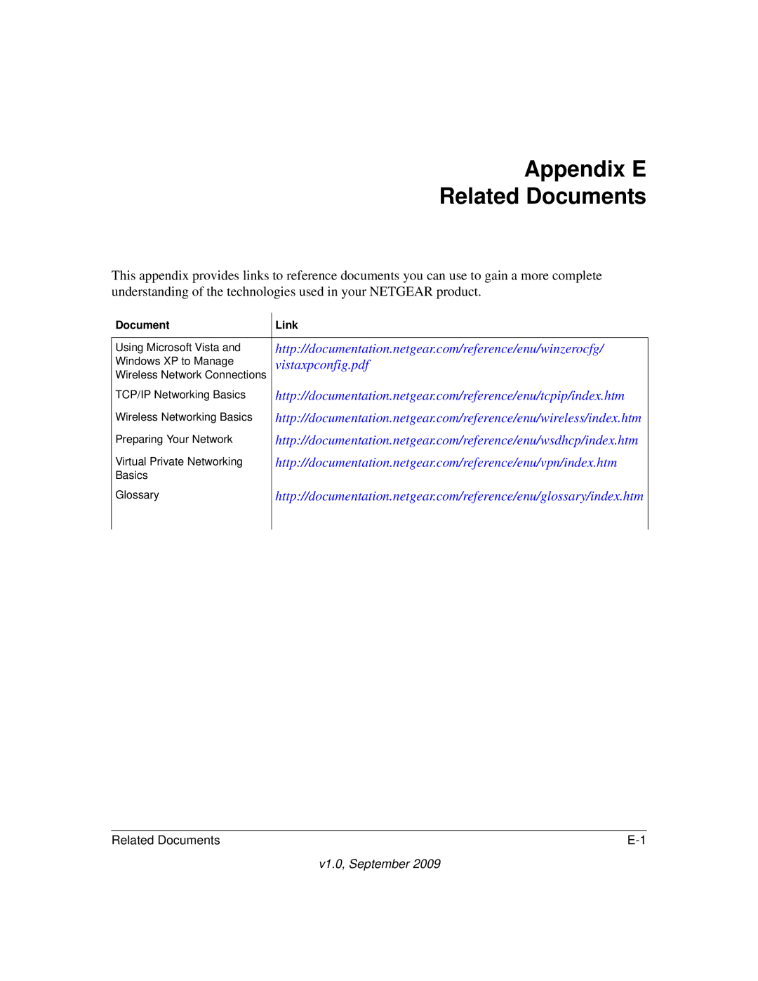 NETGEAR UTM10EW-100NAS, UTM25-100NAS, UTM25EW-100NAS manual Appendix E Related Documents, Document Link 