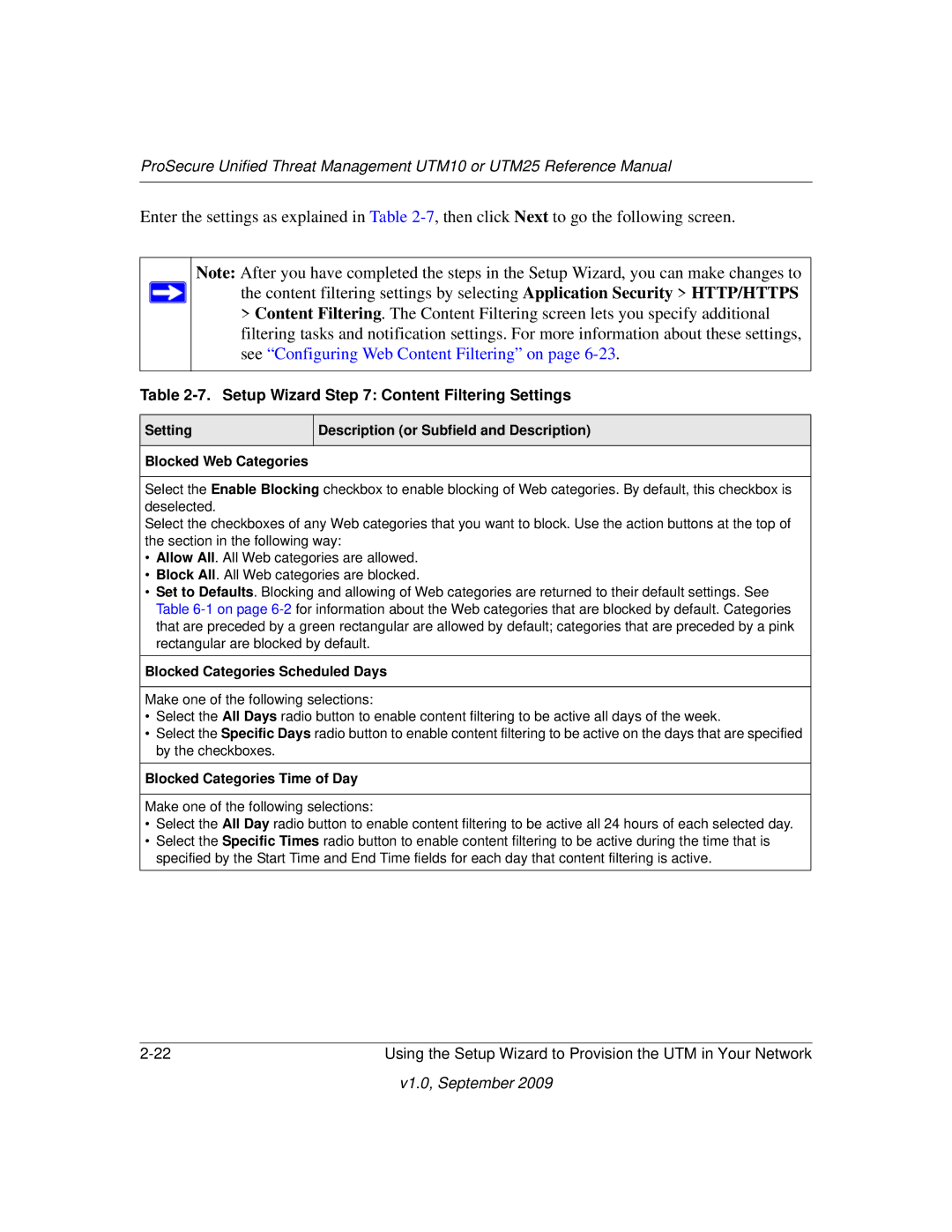 NETGEAR UTM25-100NAS, UTM10EW-100NAS manual Setup Wizard Content Filtering Settings, Blocked Categories Scheduled Days 