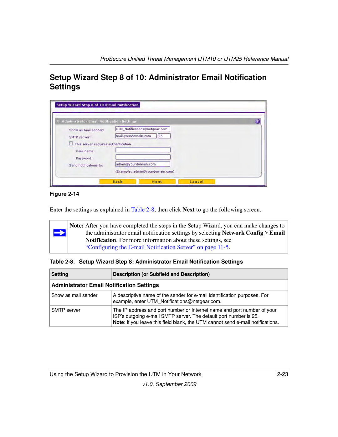 NETGEAR UTM10EW-100NAS, UTM25-100NAS, UTM25EW-100NAS manual Setup Wizard Administrator Email Notification Settings 