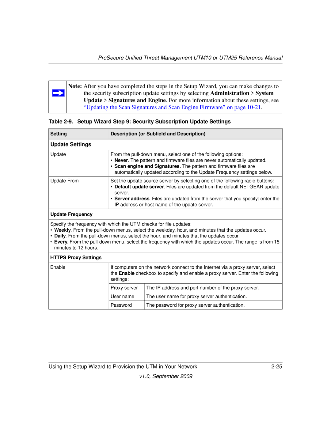 NETGEAR UTM25-100NAS manual Setup Wizard Security Subscription Update Settings, Update Frequency, Https Proxy Settings 