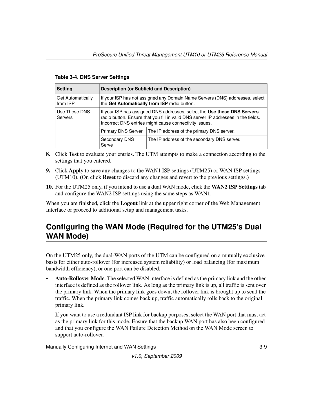 NETGEAR UTM25EW-100NAS, UTM25-100NAS, UTM10EW-100NAS manual DNS Server Settings, Get Automatically from ISP radio button 