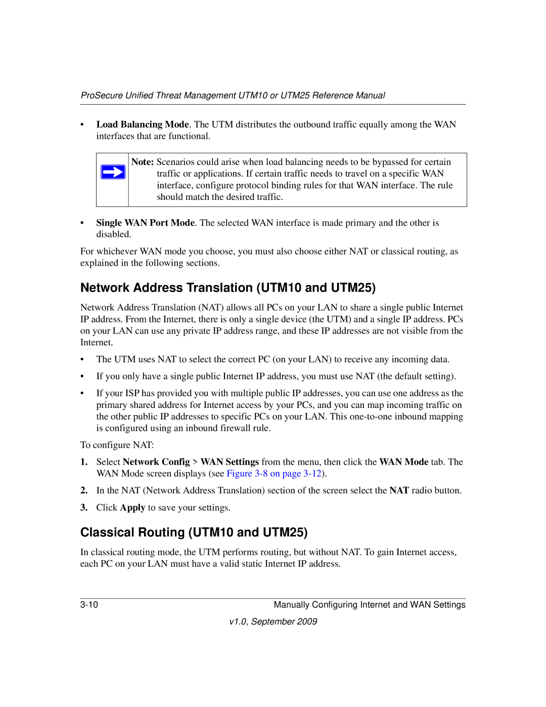 NETGEAR UTM25-100NAS, UTM10EW-100NAS manual Network Address Translation UTM10 and UTM25, Classical Routing UTM10 and UTM25 