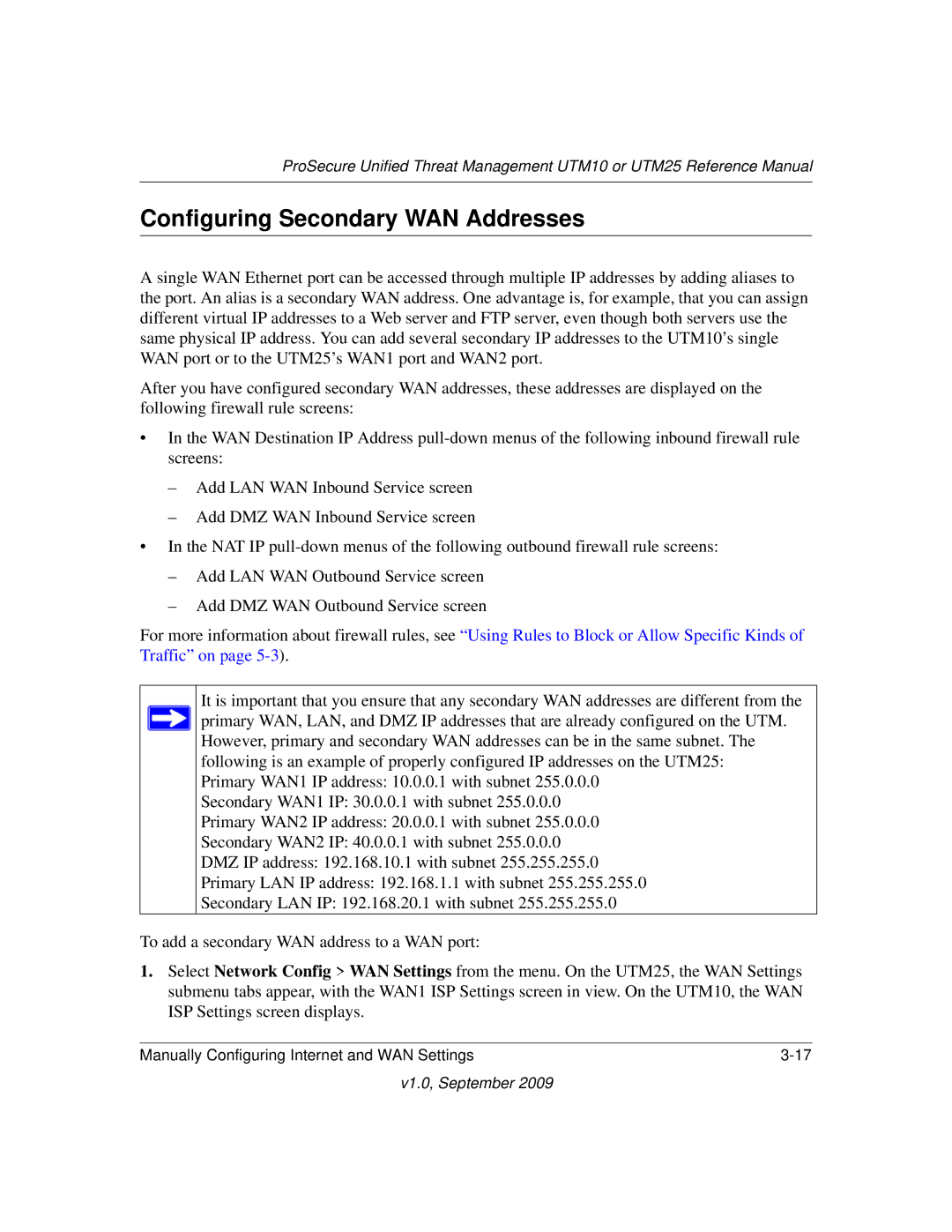 NETGEAR UTM10EW-100NAS, UTM25-100NAS, UTM25EW-100NAS manual Configuring Secondary WAN Addresses 