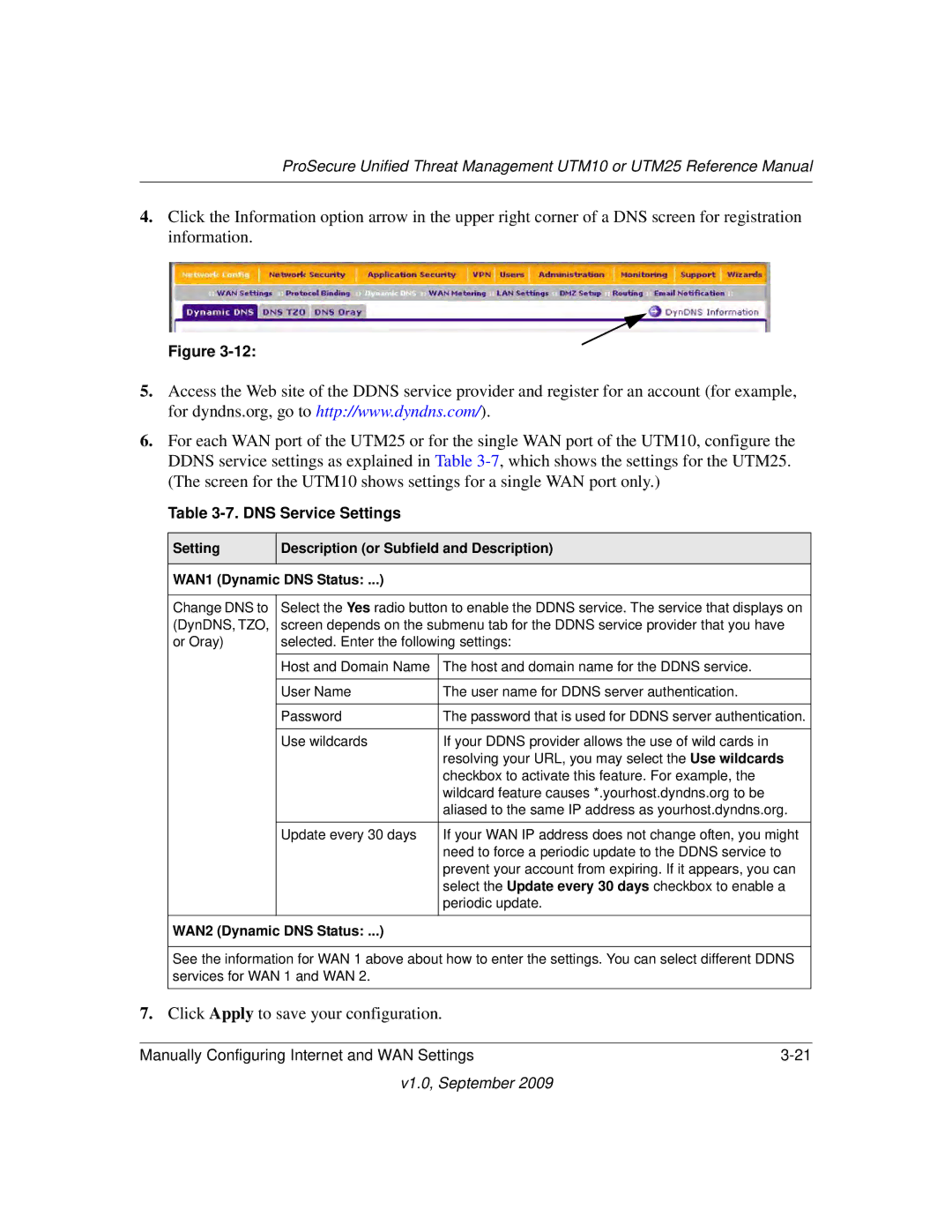 NETGEAR UTM25EW-100NAS, UTM25-100NAS, UTM10EW-100NAS manual DNS Service Settings, WAN2 Dynamic DNS Status 