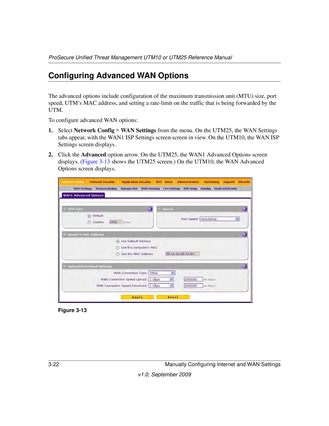 NETGEAR UTM25-100NAS, UTM10EW-100NAS, UTM25EW-100NAS manual Configuring Advanced WAN Options 