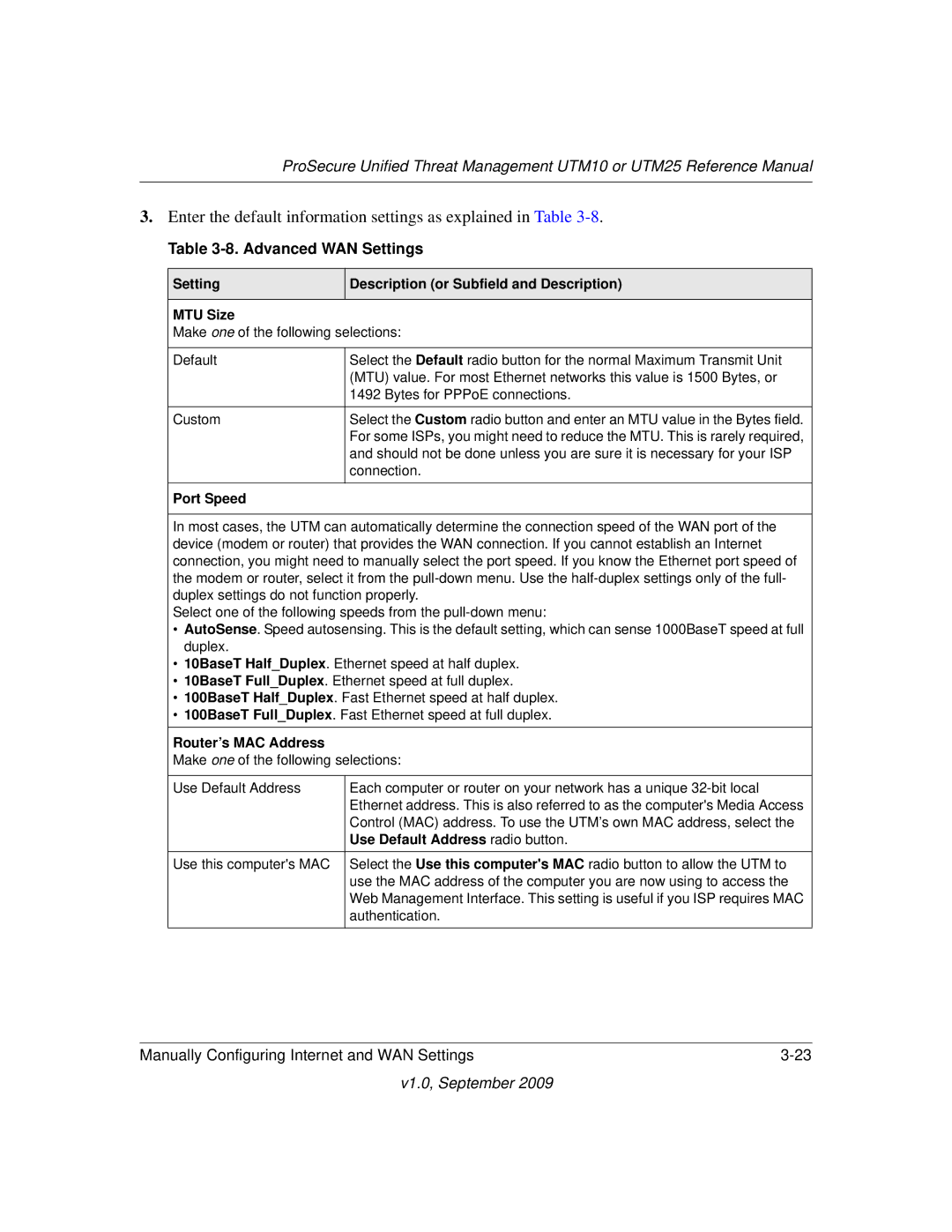 NETGEAR UTM10EW-100NAS manual Advanced WAN Settings, Setting Description or Subfield and Description MTU Size, Port Speed 