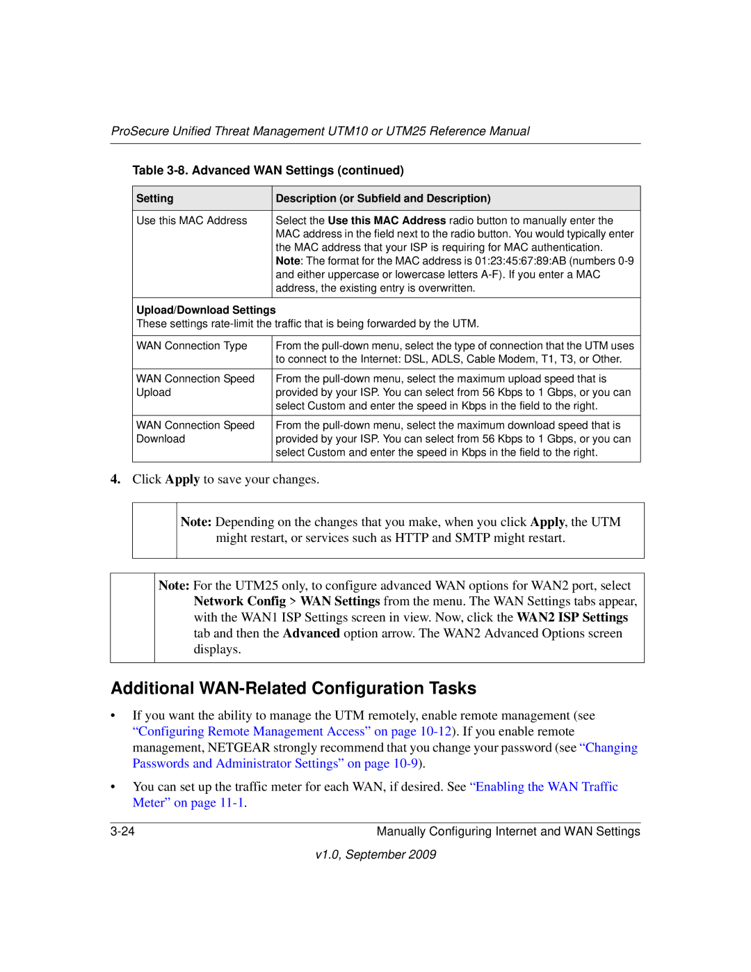 NETGEAR UTM25EW-100NAS, UTM25-100NAS, UTM10EW-100NAS Additional WAN-Related Configuration Tasks, Upload/Download Settings 