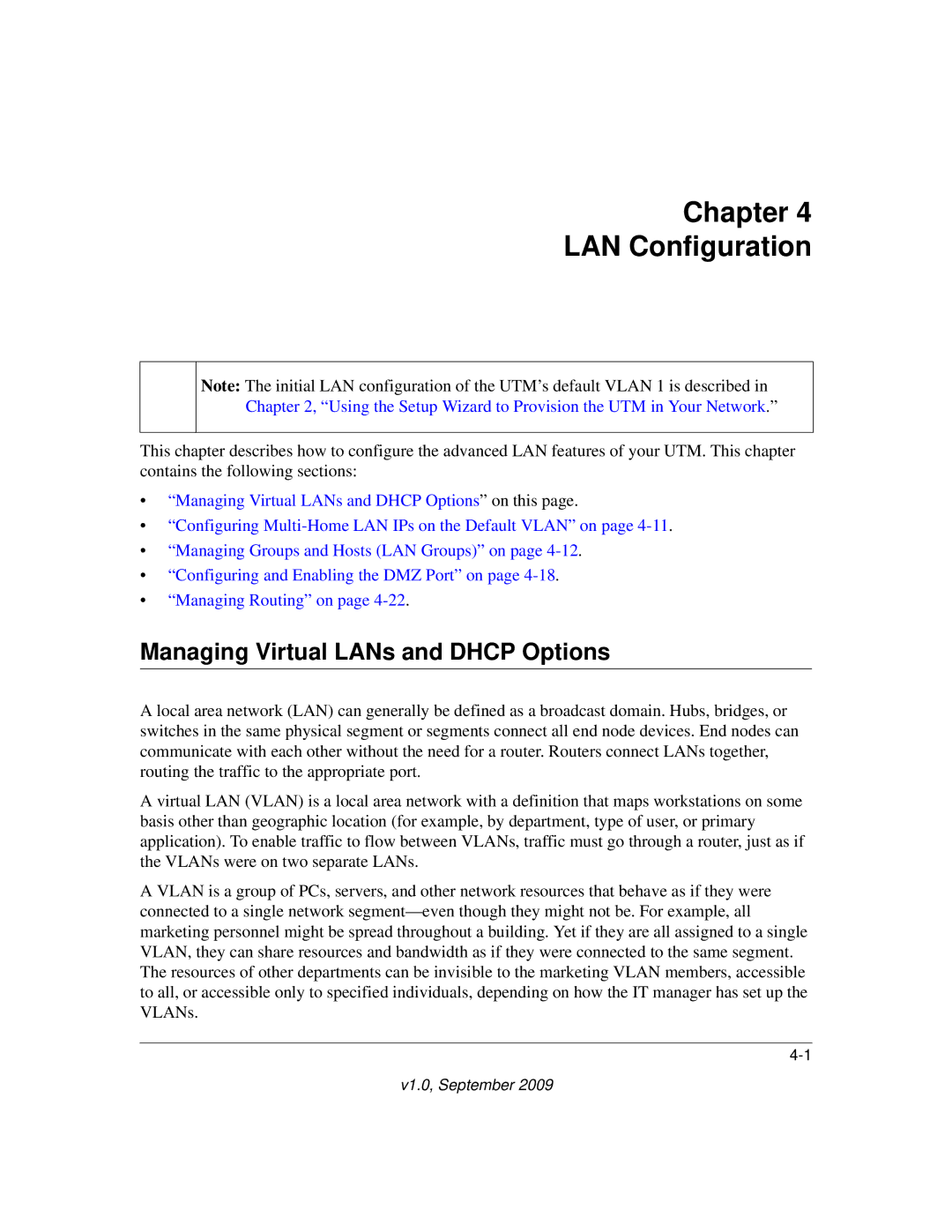 NETGEAR UTM25-100NAS, UTM10EW-100NAS, UTM25EW-100NAS manual Chapter LAN Configuration, Managing Virtual LANs and Dhcp Options 