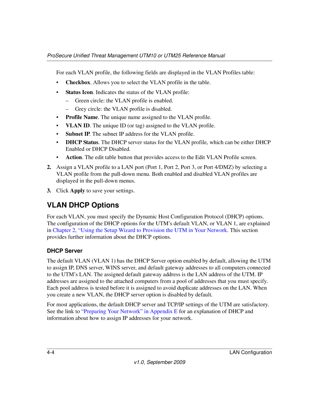 NETGEAR UTM25-100NAS, UTM10EW-100NAS, UTM25EW-100NAS manual Vlan Dhcp Options, Dhcp Server 