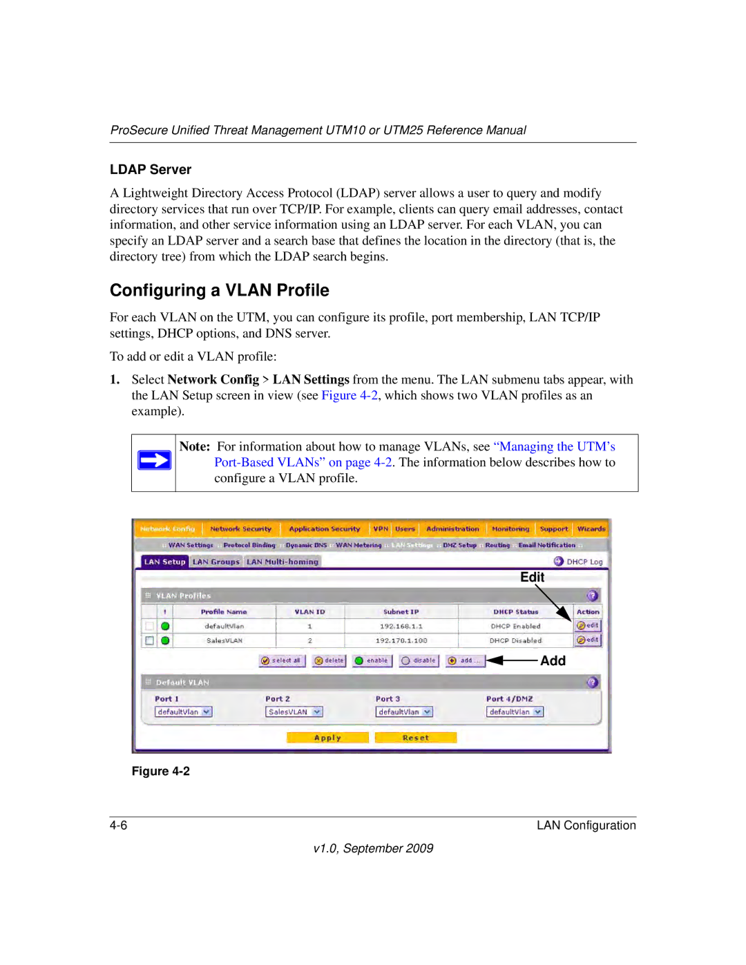 NETGEAR UTM25EW-100NAS, UTM25-100NAS, UTM10EW-100NAS manual Configuring a Vlan Profile, Ldap Server, Edit Add 