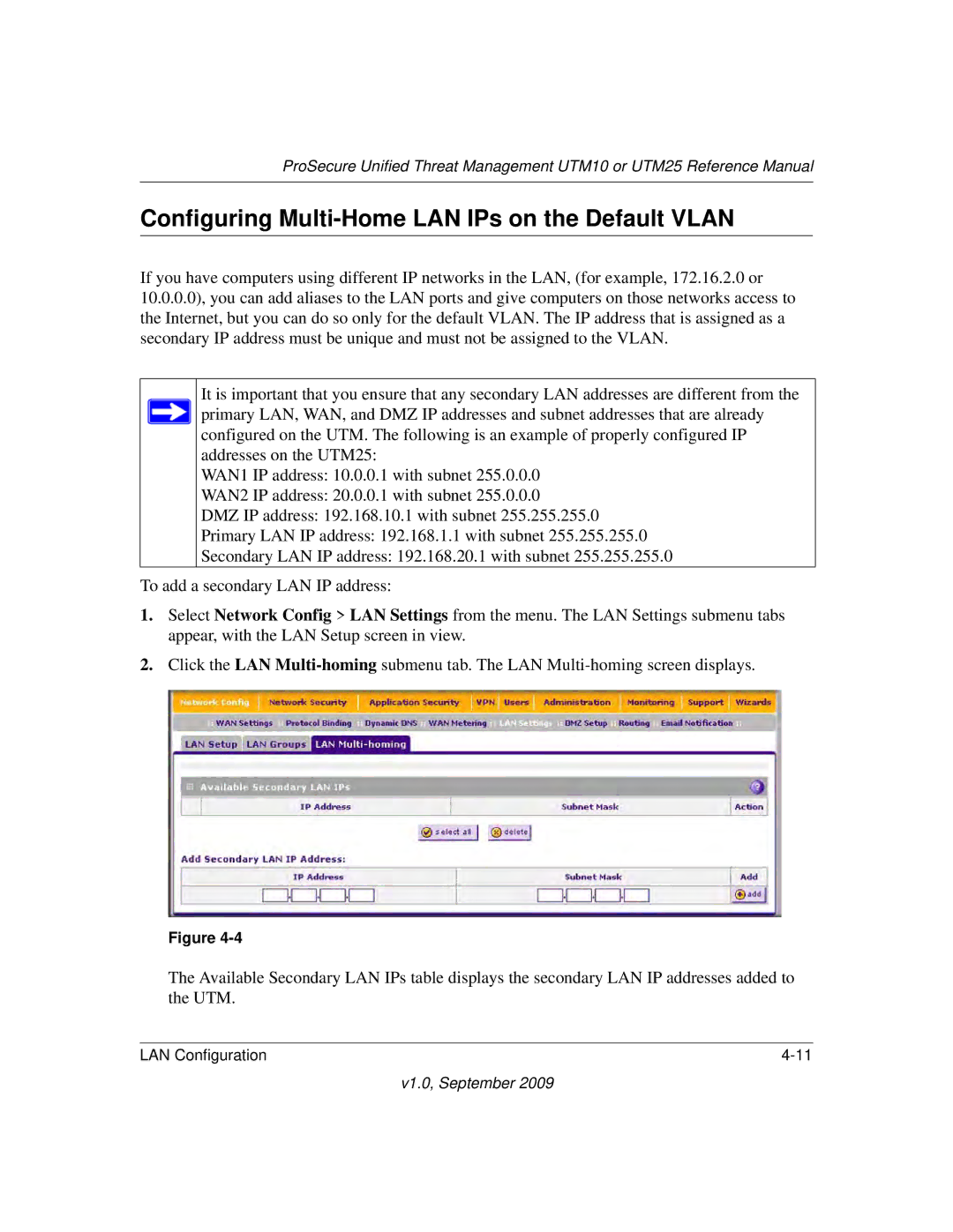 NETGEAR UTM10EW-100NAS, UTM25-100NAS, UTM25EW-100NAS manual Configuring Multi-Home LAN IPs on the Default Vlan 