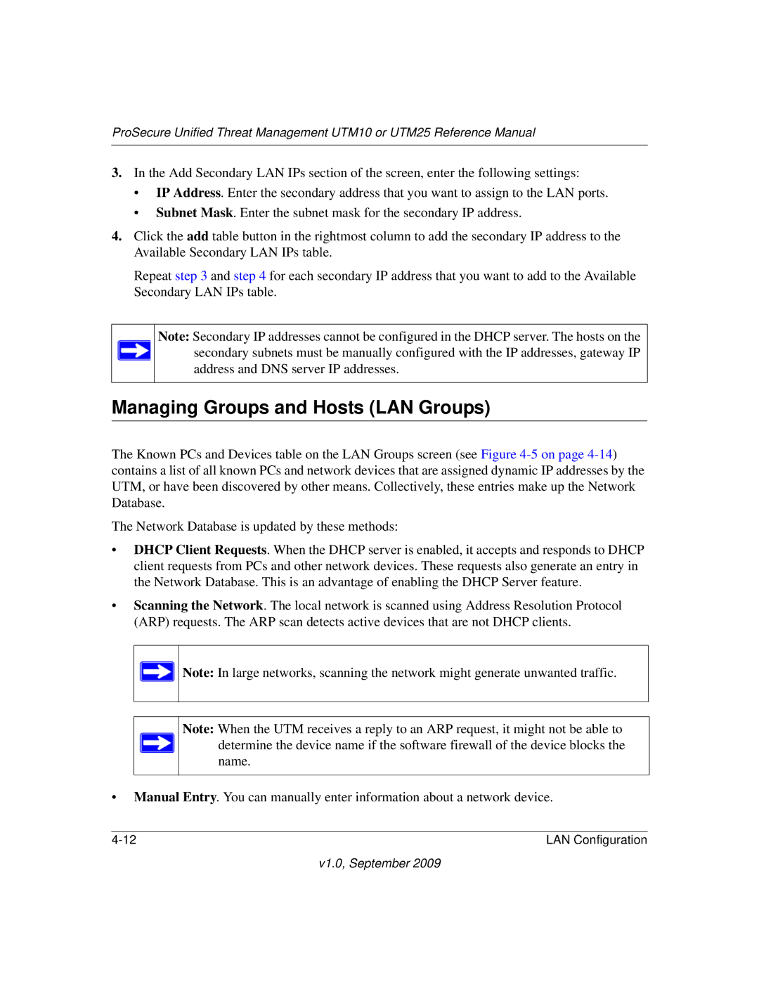 NETGEAR UTM25EW-100NAS, UTM25-100NAS, UTM10EW-100NAS manual Managing Groups and Hosts LAN Groups 