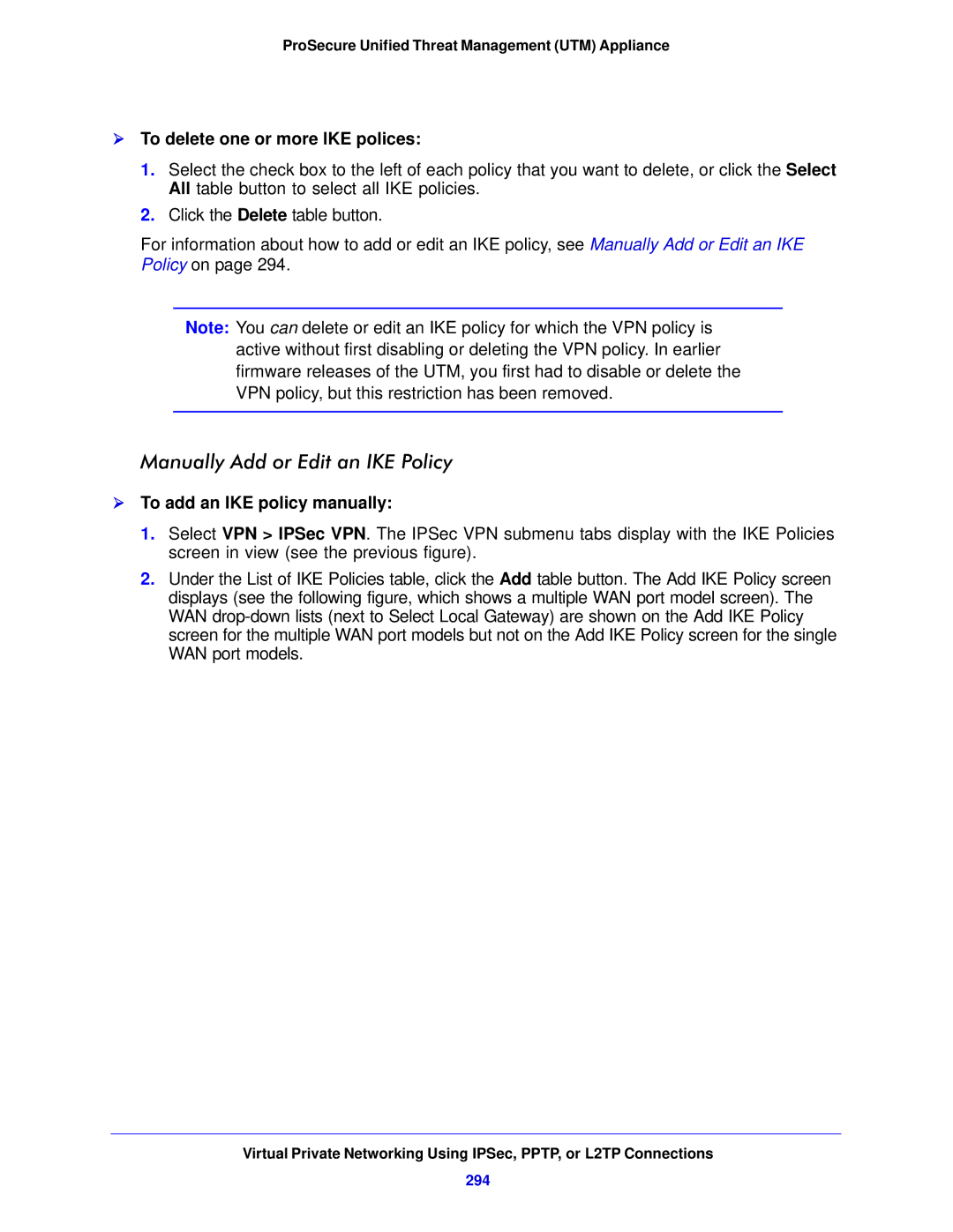 NETGEAR UTM5EW-100NAS, STM150EW-100NAS manual Manually Add or Edit an IKE Policy,  To delete one or more IKE polices, 294 