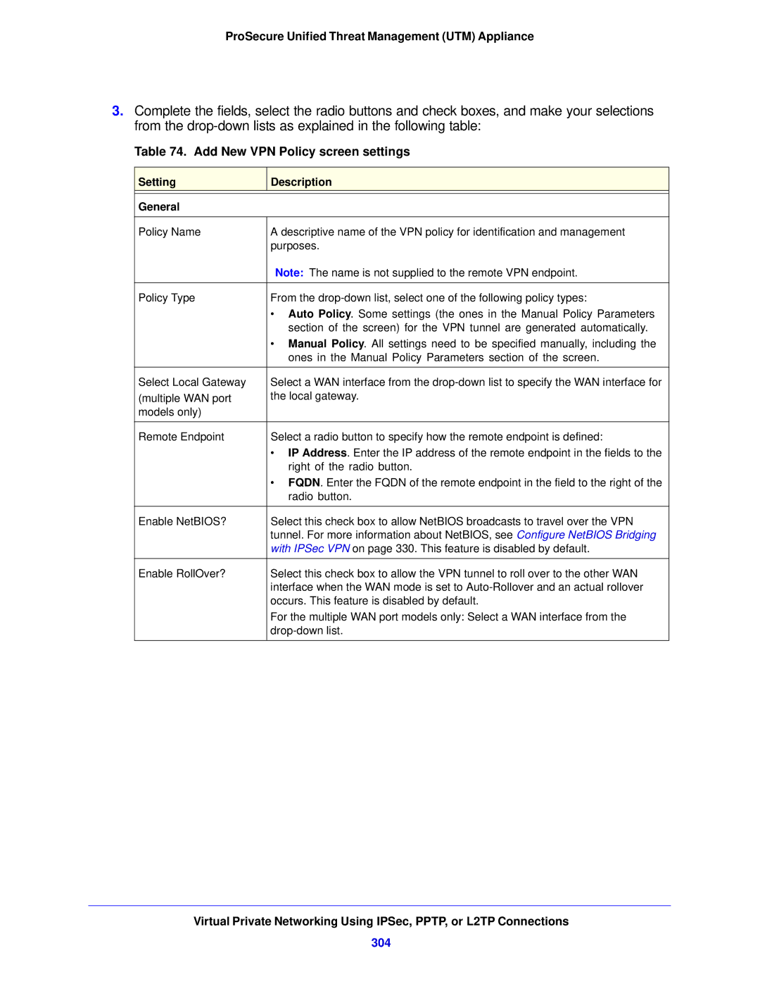 NETGEAR UTM5EW-100NAS, STM150EW-100NAS manual Add New VPN Policy screen settings, 304, Setting Description General 