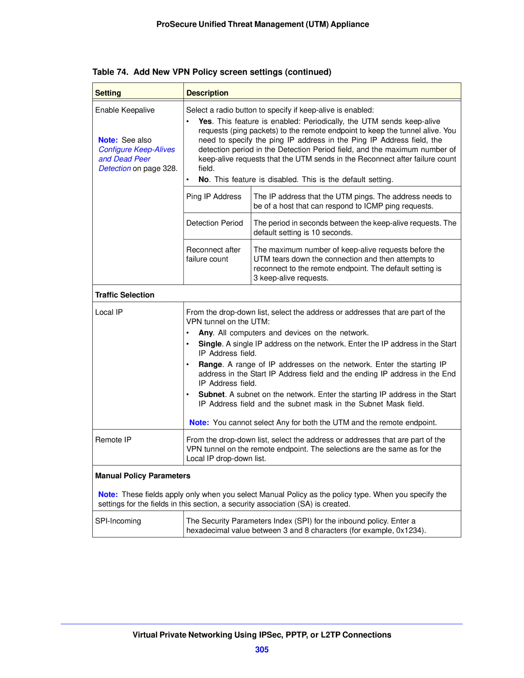 NETGEAR STM150EW-100NAS, UTM5EW-100NAS manual 305, Configure Keep-Alives, Traffic Selection, Manual Policy Parameters 