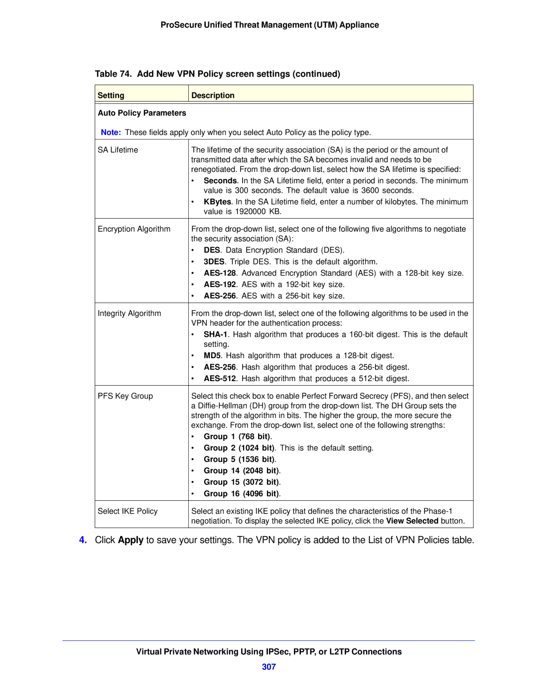 NETGEAR STM150EW-100NAS, UTM5EW-100NAS manual 307, Setting Description Auto Policy Parameters 