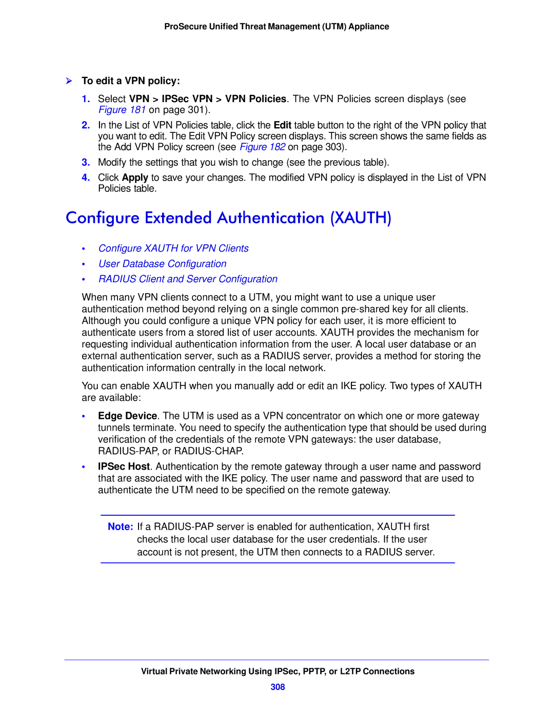 NETGEAR UTM5EW-100NAS, STM150EW-100NAS manual Configure Extended Authentication Xauth,  To edit a VPN policy, 308 