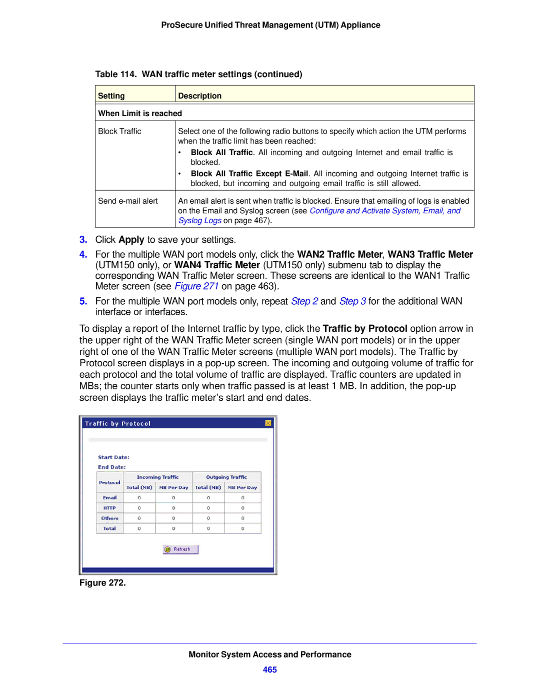 NETGEAR STM150EW-100NAS, UTM5EW-100NAS manual 465, Setting Description When Limit is reached 