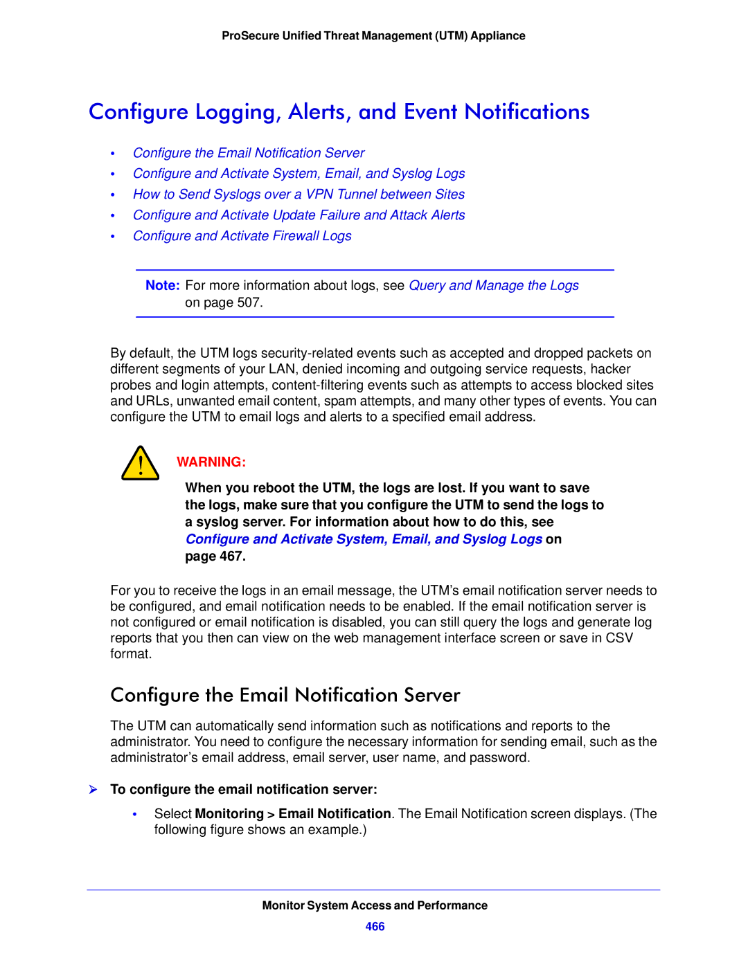 NETGEAR UTM5EW-100NAS Configure Logging, Alerts, and Event Notifications, Configure the Email Notification Server, 466 