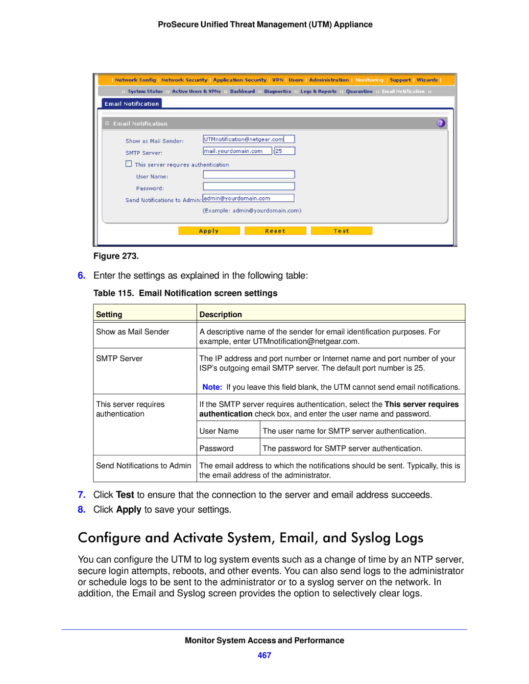 NETGEAR STM150EW-100NAS Configure and Activate System, Email, and Syslog Logs, Email Notification screen settings, 467 