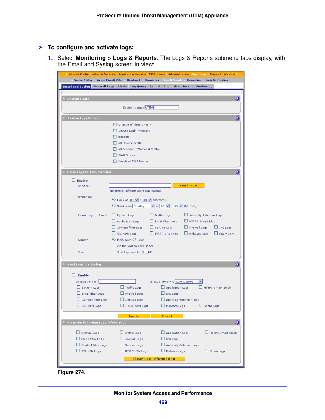 NETGEAR UTM5EW-100NAS, STM150EW-100NAS manual  To configure and activate logs, 468 