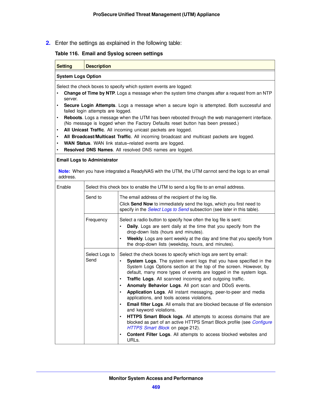 NETGEAR STM150EW-100NAS, UTM5EW-100NAS manual Email and Syslog screen settings, 469, Setting Description System Logs Option 