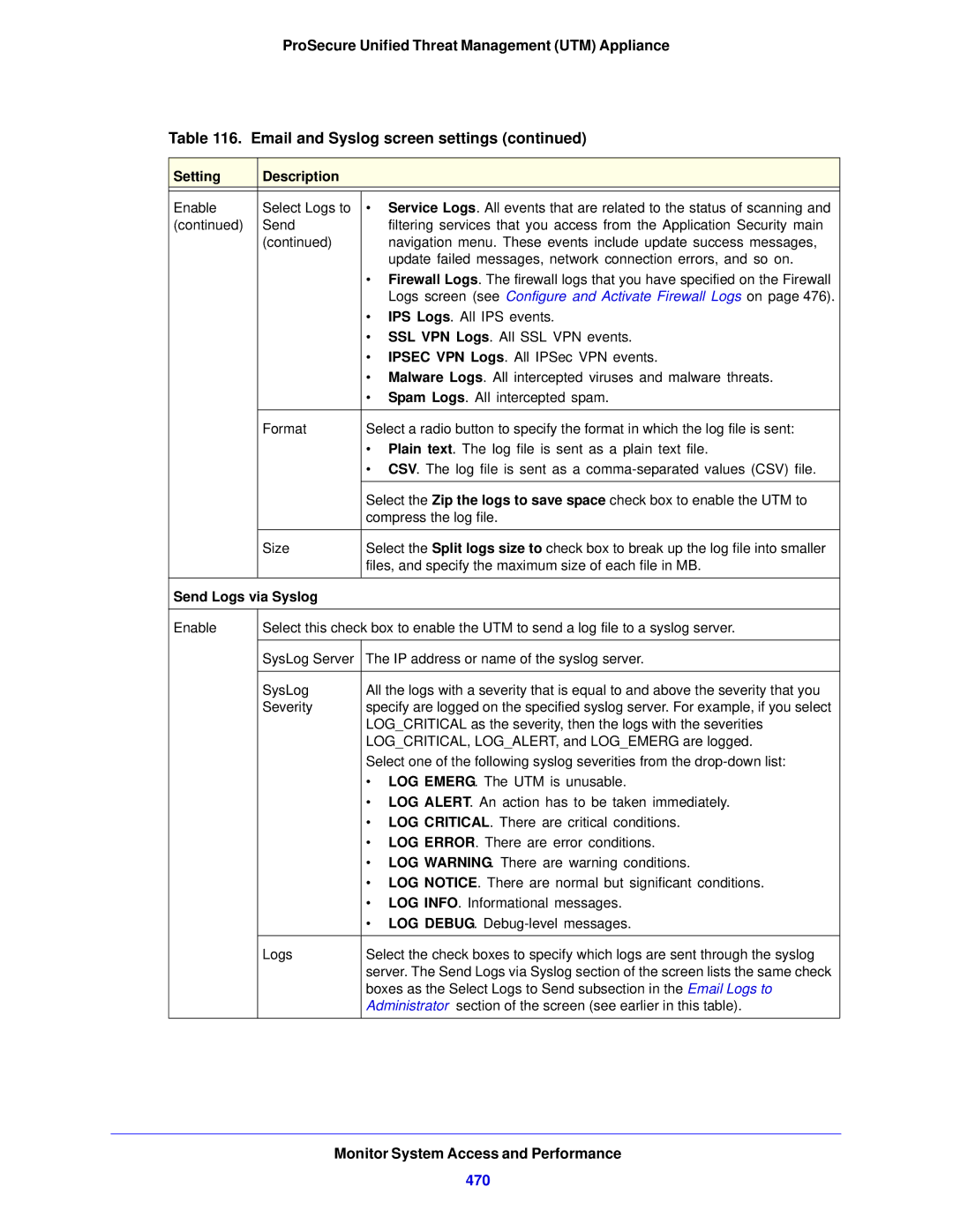 NETGEAR UTM5EW-100NAS, STM150EW-100NAS 470, Logs screen see Configure and Activate Firewall Logs on, Send Logs via Syslog 