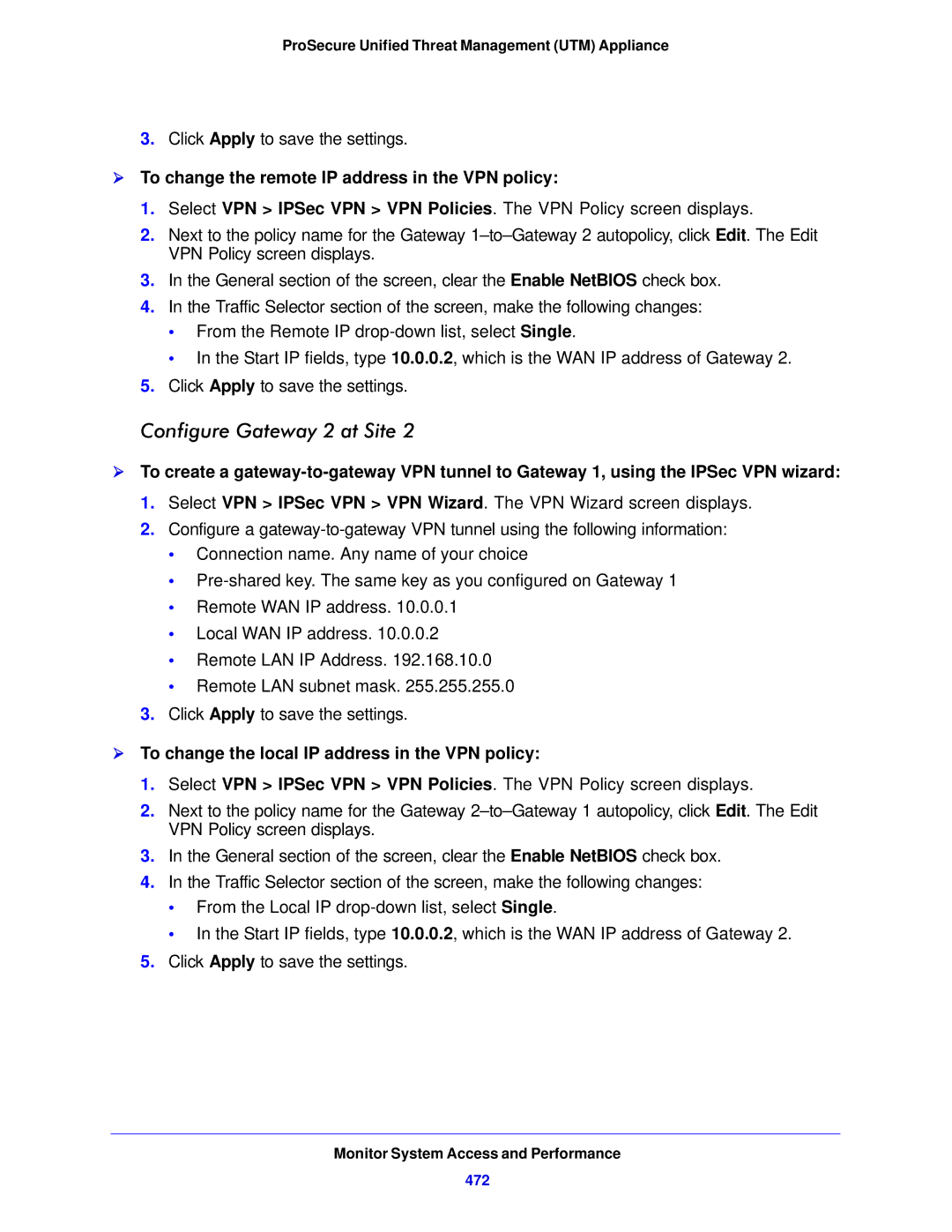 NETGEAR UTM5EW-100NAS manual Configure Gateway 2 at Site,  To change the remote IP address in the VPN policy, 472 