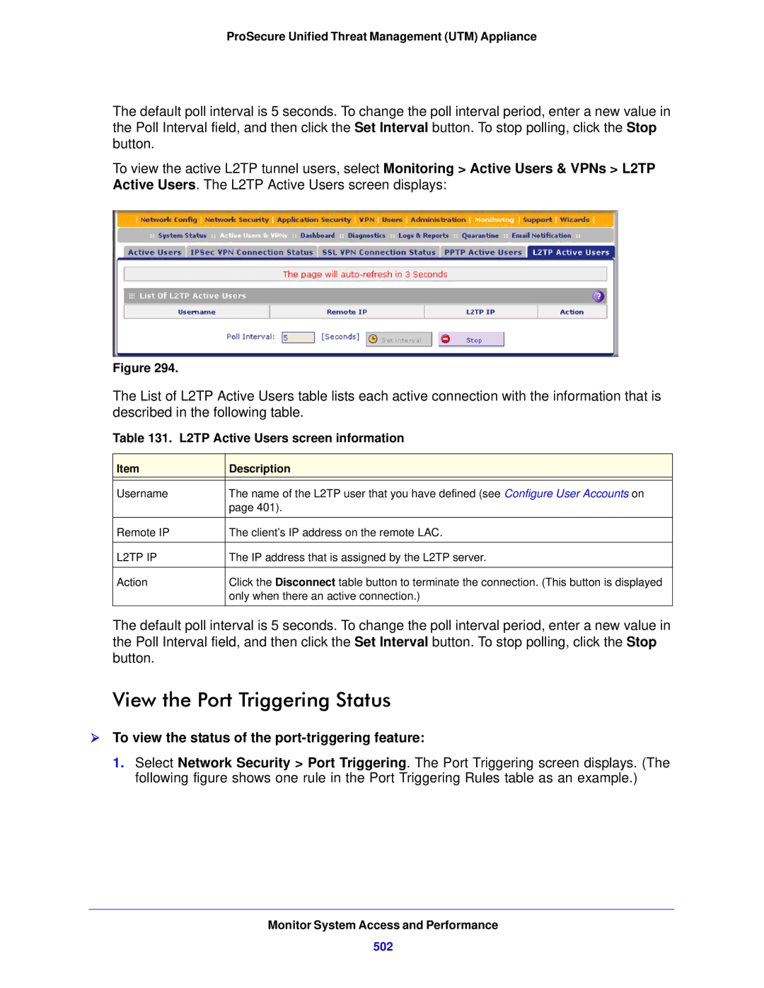 NETGEAR UTM5EW-100NAS manual View the Port Triggering Status,  To view the status of the port-triggering feature, 502 