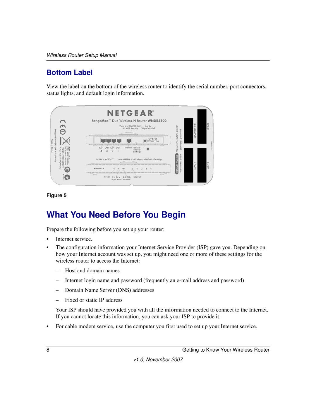 NETGEAR V1.0 manual What You Need Before You Begin, Bottom Label 