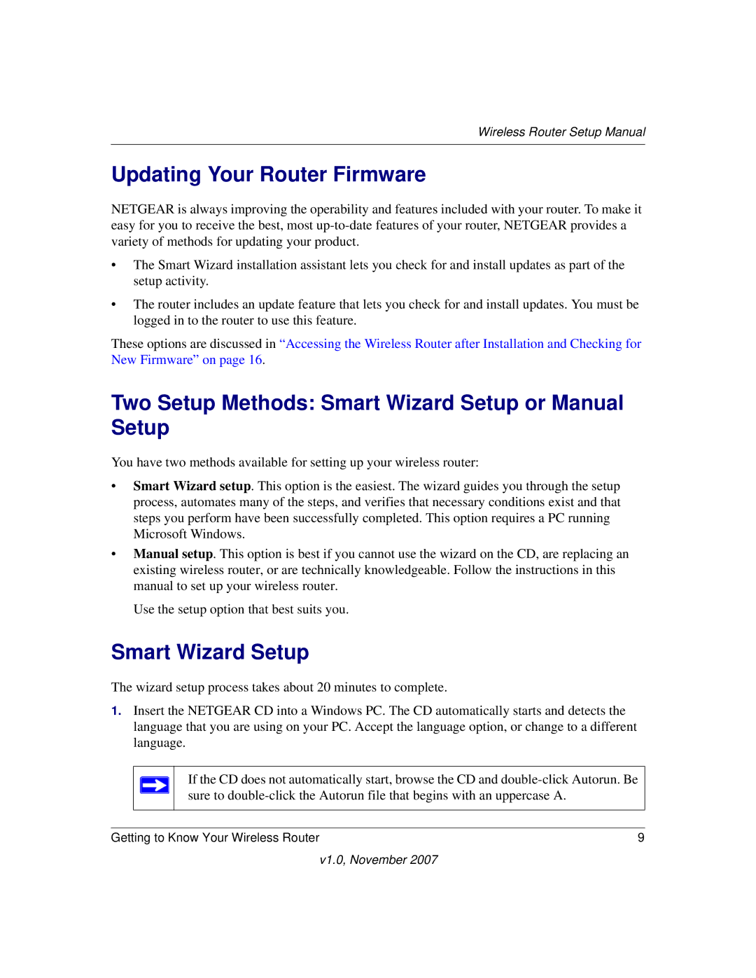 NETGEAR V1.0 manual Updating Your Router Firmware, Two Setup Methods Smart Wizard Setup or Manual Setup 