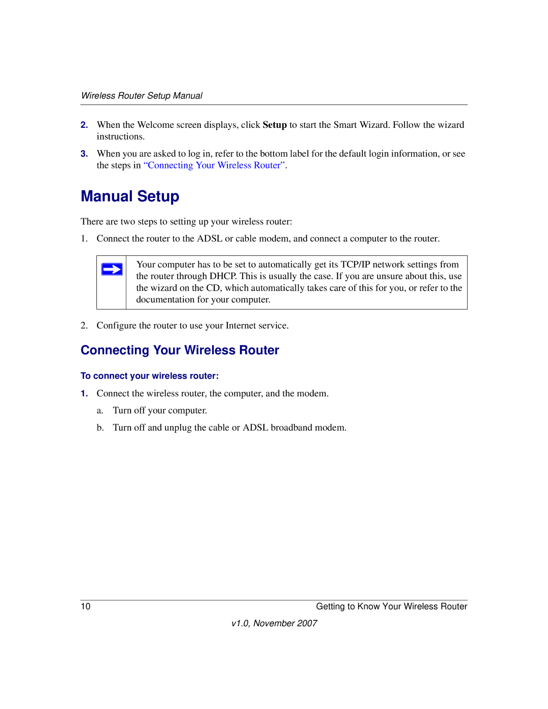 NETGEAR V1.0 manual Manual Setup, Connecting Your Wireless Router 