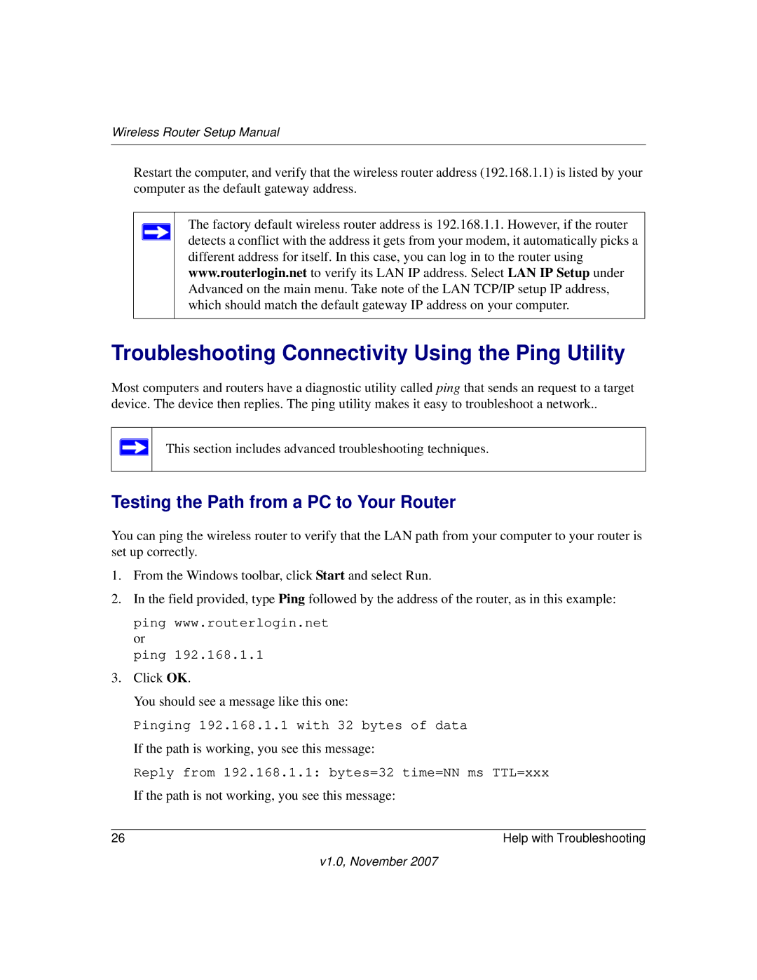 NETGEAR V1.0 manual Troubleshooting Connectivity Using the Ping Utility, Testing the Path from a PC to Your Router 