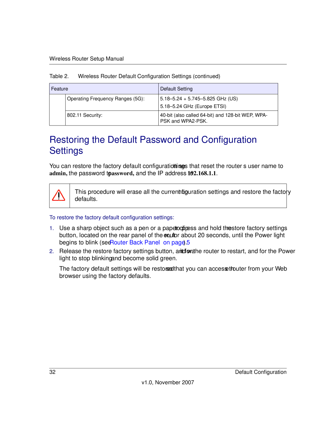 NETGEAR V1.0 manual Restoring the Default Password and Configuration Settings, Feature Default Setting 